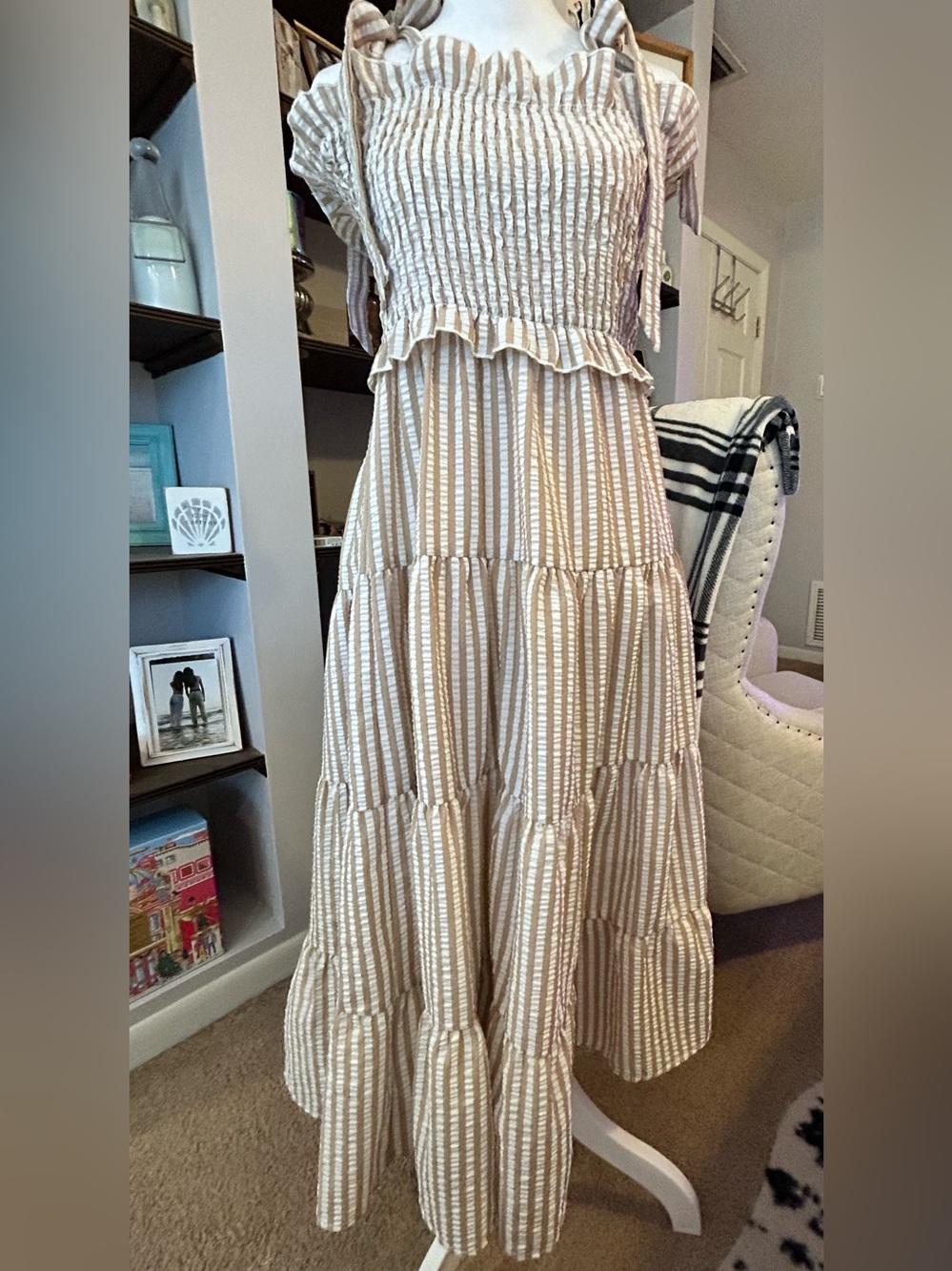 Striped Tie-Shoulder Tiered Sundress in Beige & White